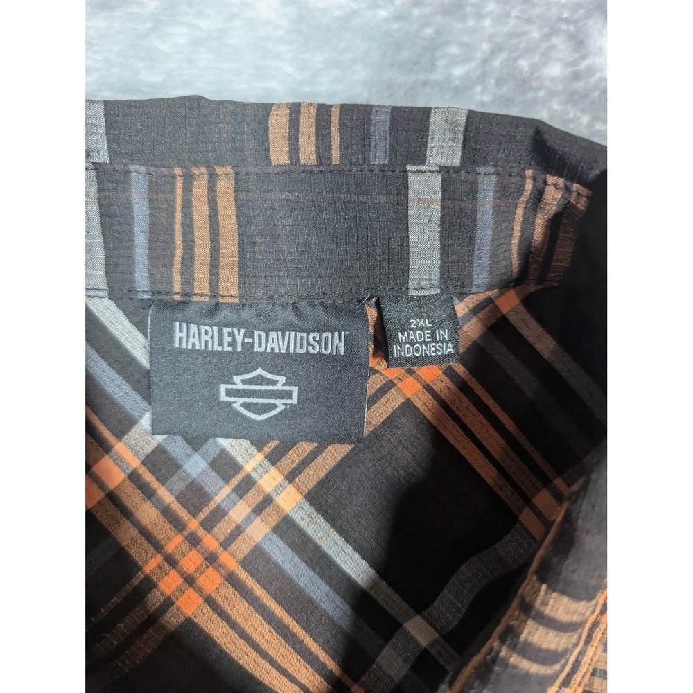Harley-Davidson Shirt Mens 2XL Black Orange Plaid Short Sleeve Button Up Casual - Picture 4 of 7
